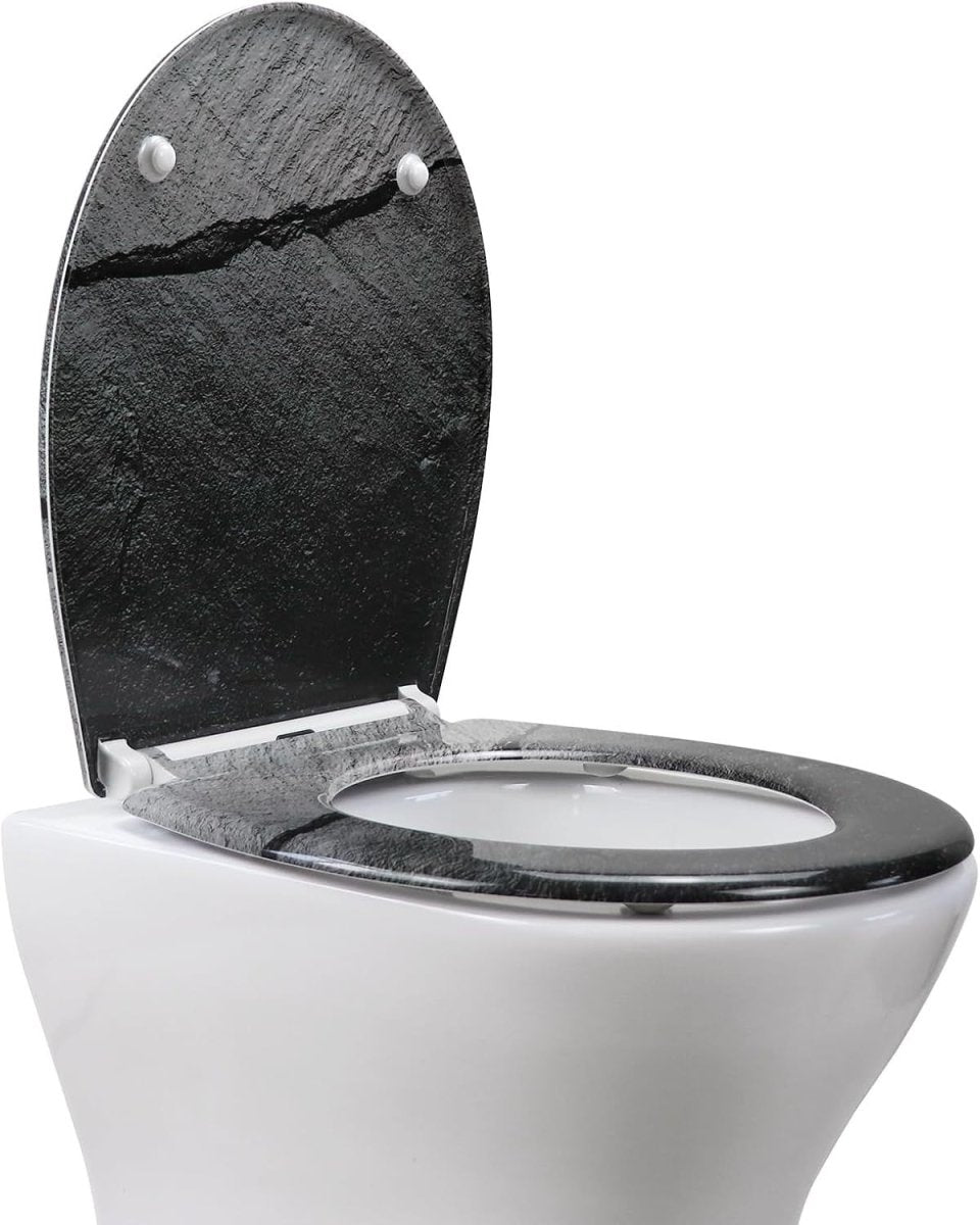 Soft Close Toilet Seat Duroplast Quick Release Top Fix Black Marble 45x37cm - Kwikley