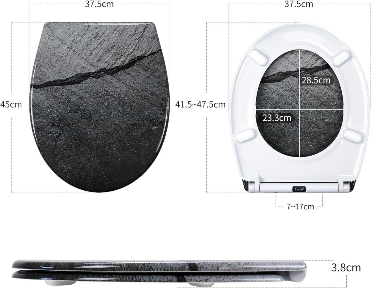 Soft Close Toilet Seat Duroplast Quick Release Top Fix Black Marble 45x37cm - Kwikley
