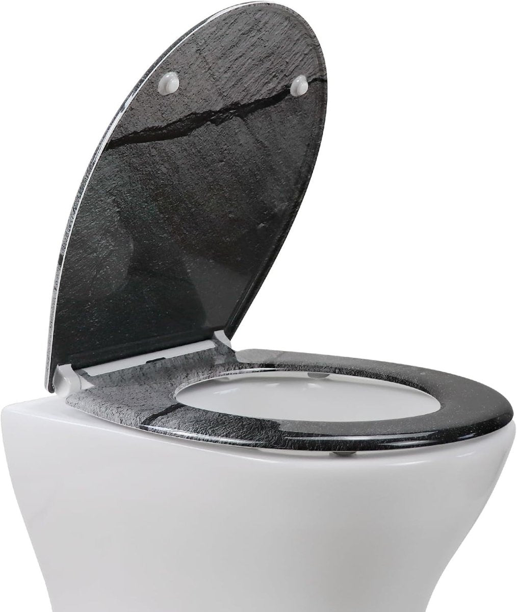 Soft Close Toilet Seat Duroplast Quick Release Top Fix Black Marble 45x37cm - Kwikley