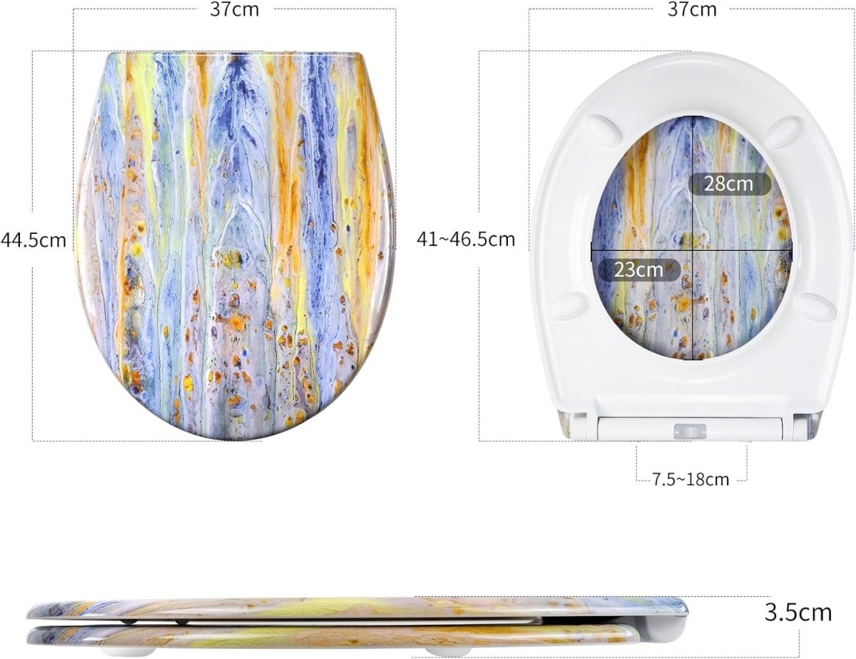 Soft Close Toilet Seat Duroplast Quick Release Top Fix Colourful Patterns 45x37 - Kwikley