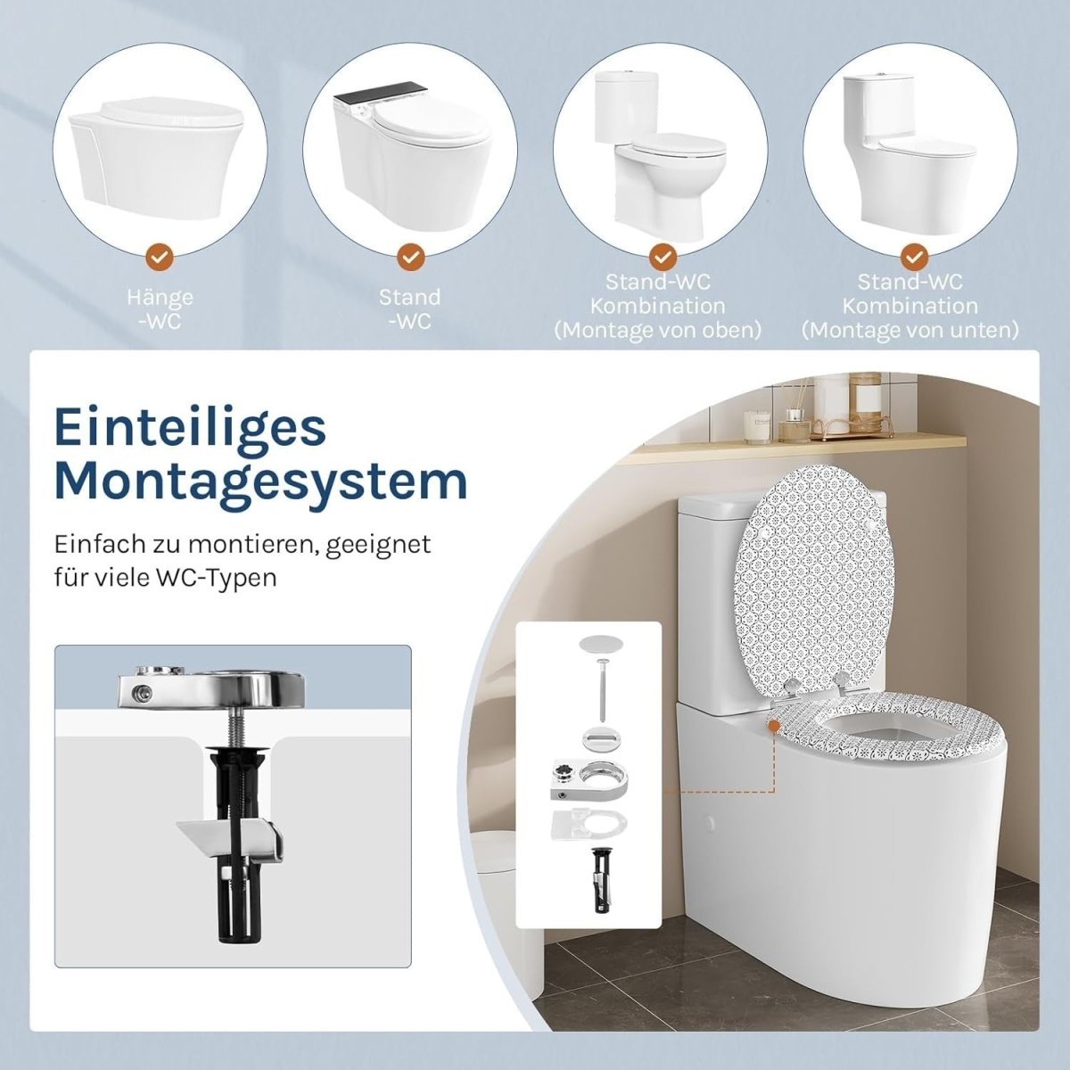Soft Close Toilet Seat O - Shape Wood Quick Release Tile Pattern 175kg - Kwikley