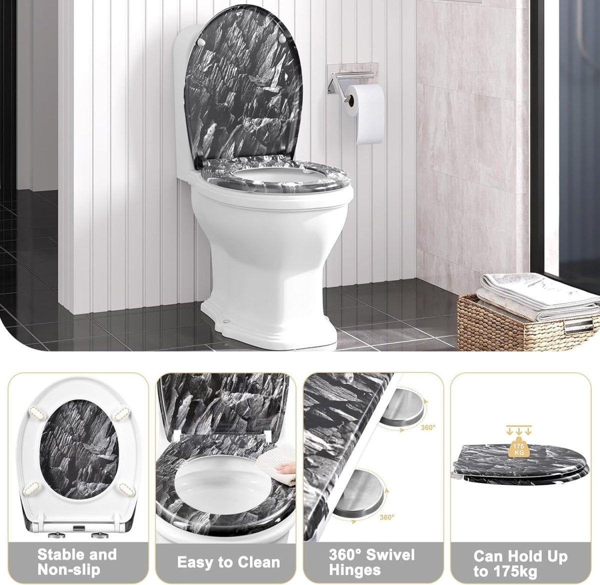 Soft Close Toilet Seat Quick Release O Shape Stainless Hinges 37x47.5cm - Kwikley