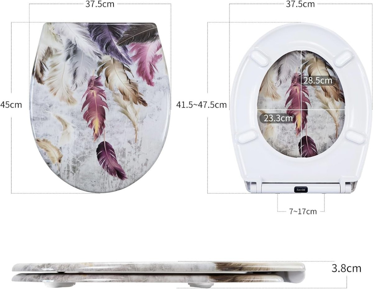 Soft Close Toilet Seat Quick Release Top Fixing Feathers Pattern 45x37cm - Kwikley