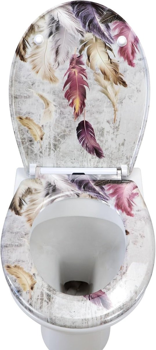 Soft Close Toilet Seat Quick Release Top Fixing Feathers Pattern 45x37cm - Kwikley