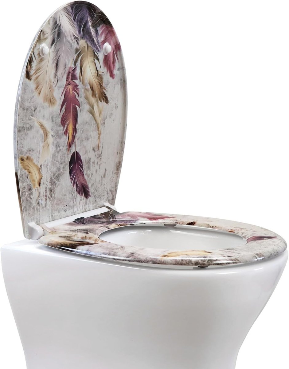 Soft Close Toilet Seat Quick Release Top Fixing Feathers Pattern 45x37cm - Kwikley