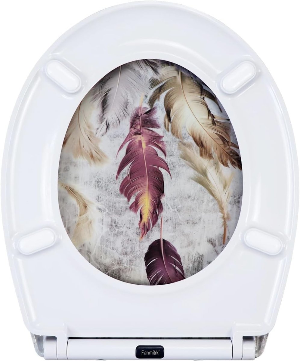 Soft Close Toilet Seat Quick Release Top Fixing Feathers Pattern 45x37cm - Kwikley
