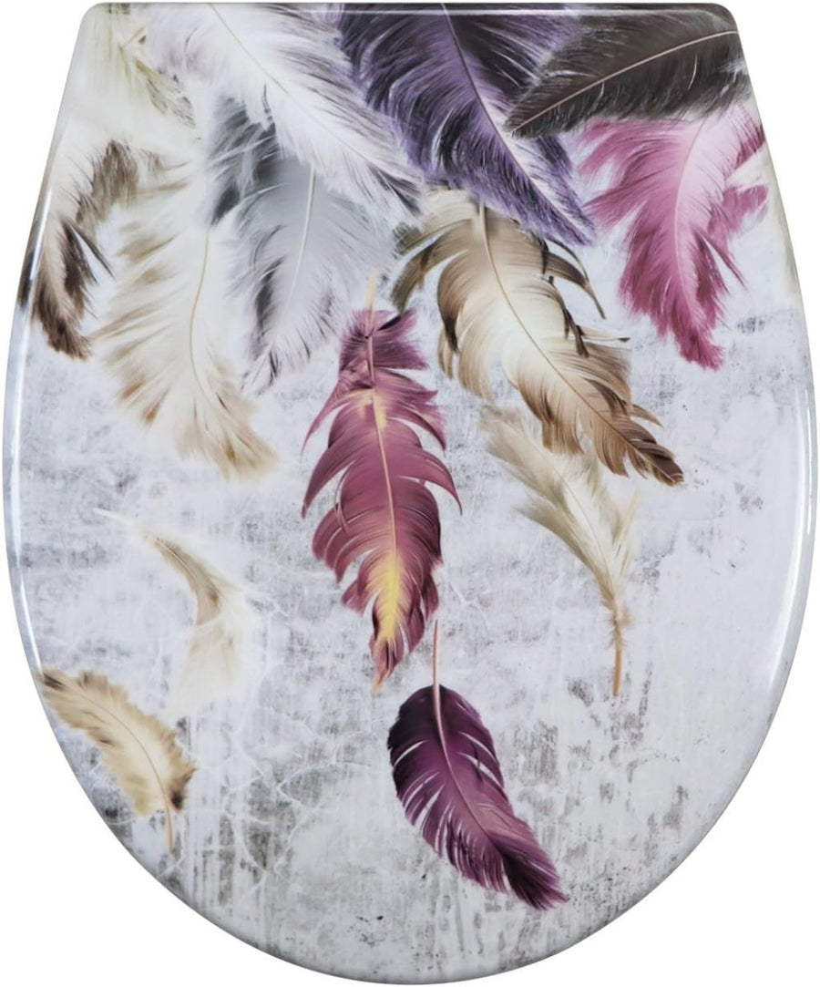 Soft Close Toilet Seat Quick Release Top Fixing Feathers Pattern 45x37cm - Kwikley