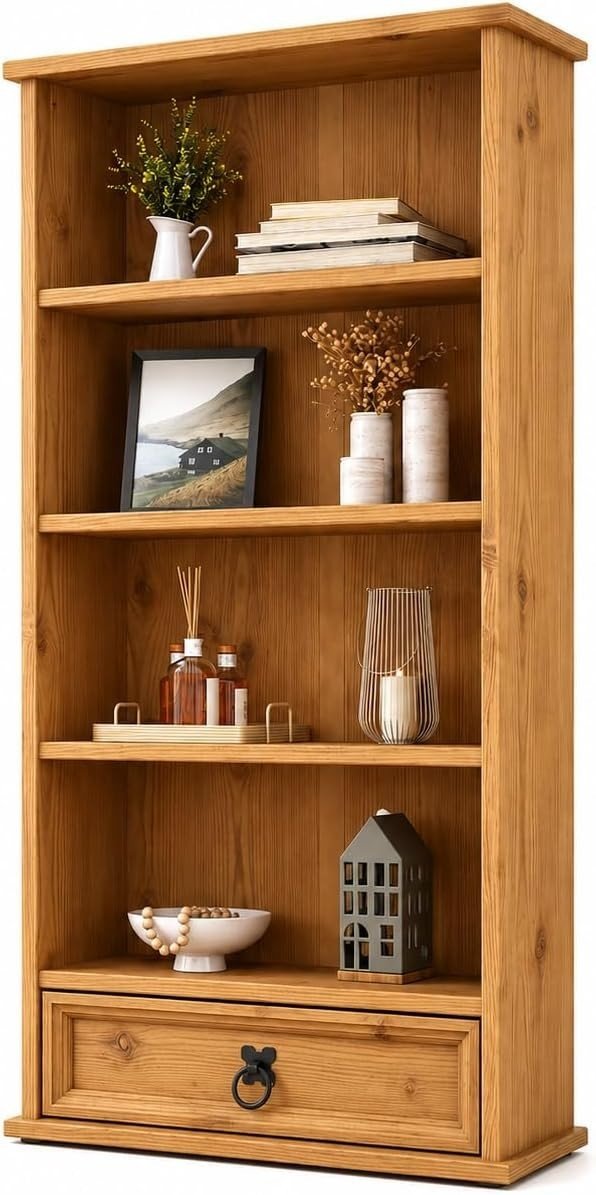 Solid Pine DVD CD Storage Rack Bookcase 1 Drawer Rustic Media Unit - Kwikley
