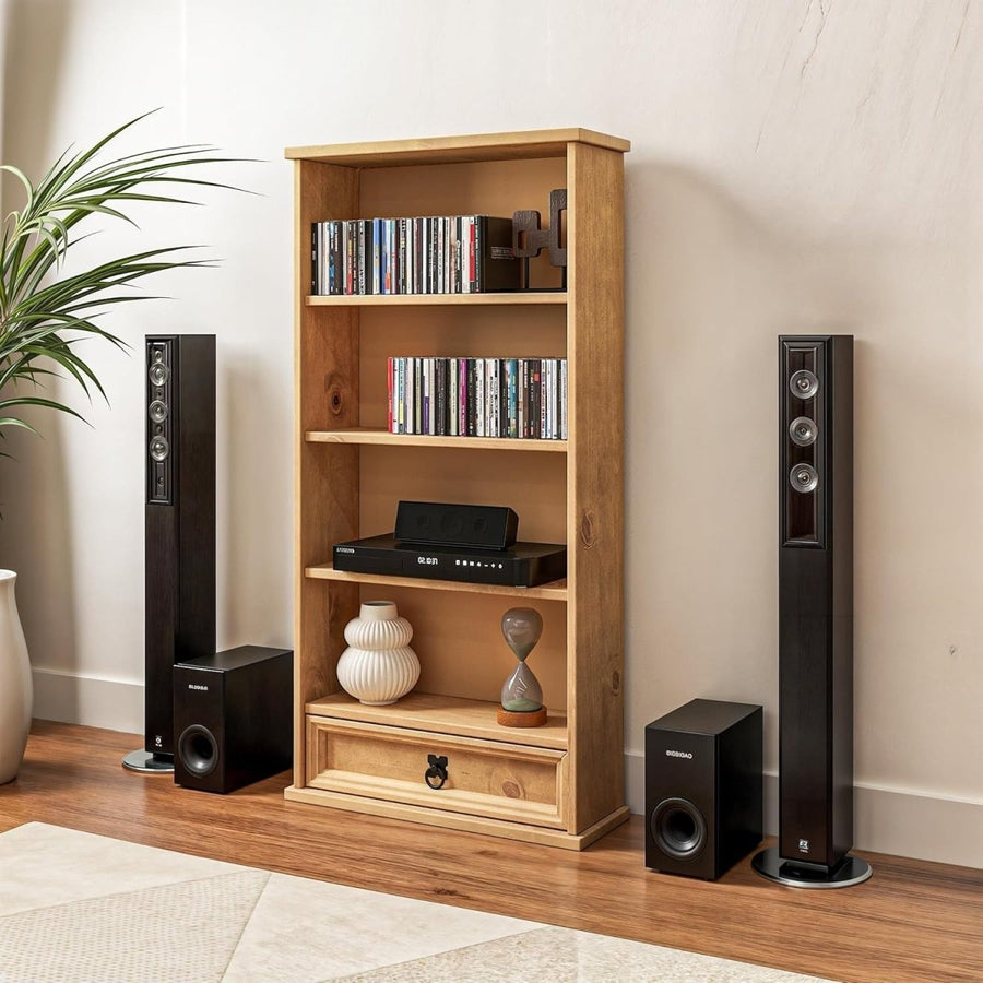 Solid Pine DVD CD Storage Rack Bookcase 1 Drawer Rustic Media Unit - Kwikley