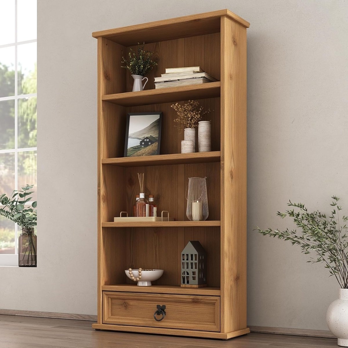 Solid Pine DVD CD Storage Rack Bookcase 1 Drawer Rustic Media Unit - Kwikley