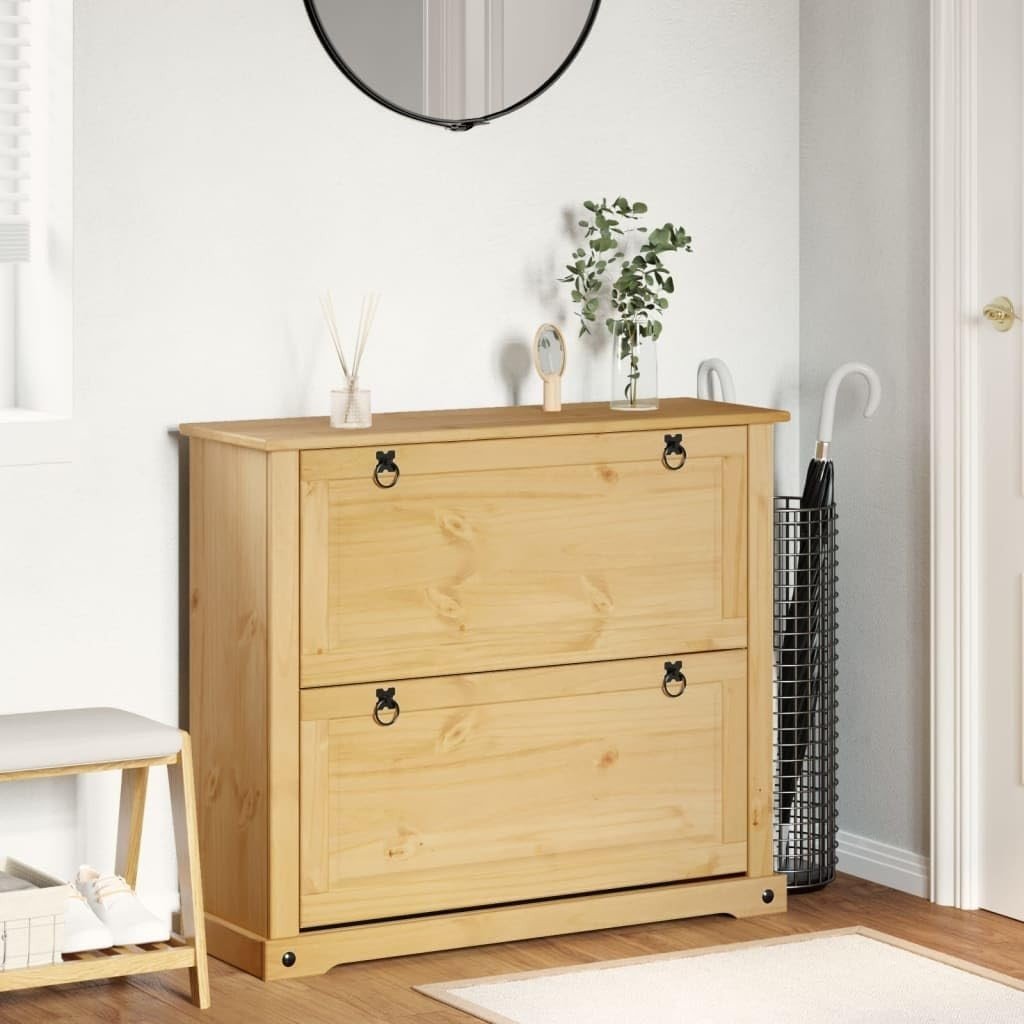 Solid Pine Shoe Cabinet with Flip - Drawer, Rustic Storage Stand 99x32x47cm - Kwikley