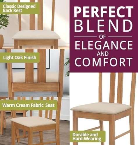 Solid Wood Dining Chairs Set of 2 Cream Padded Modern Kitchen Oak - Kwikley