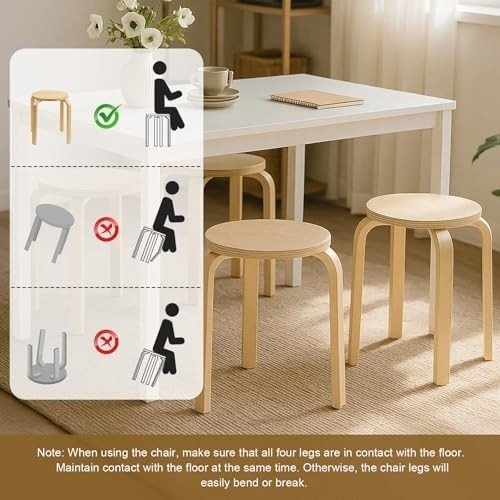 Solid Wooden Stools 4PCS – Stackable, Anti - Slip, Durable Dining & Kitchen Chairs - Kwikley