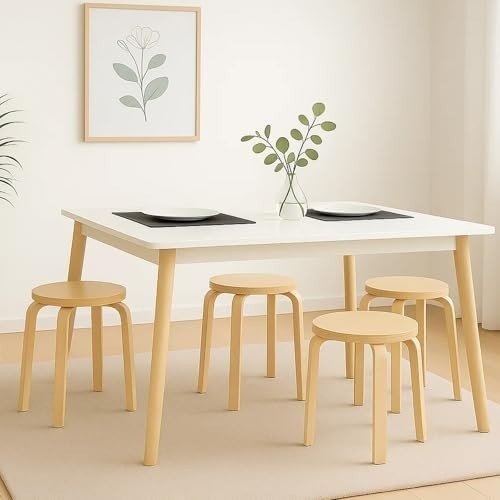 Solid Wooden Stools 4PCS – Stackable, Anti - Slip, Durable Dining & Kitchen Chairs - Kwikley