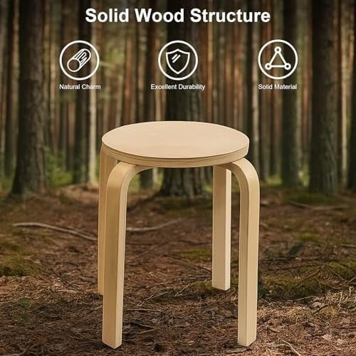 Solid Wooden Stools 4PCS – Stackable, Anti - Slip, Durable Dining & Kitchen Chairs - Kwikley