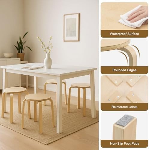 Solid Wooden Stools 4PCS – Stackable, Anti - Slip, Durable Dining & Kitchen Chairs - Kwikley