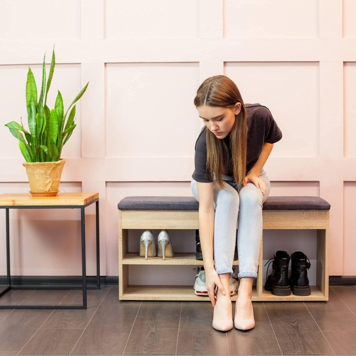 Sonoma Oak Shoe Storage Bench with Cushion Hidden Compartment Entryway Seat - Kwikley