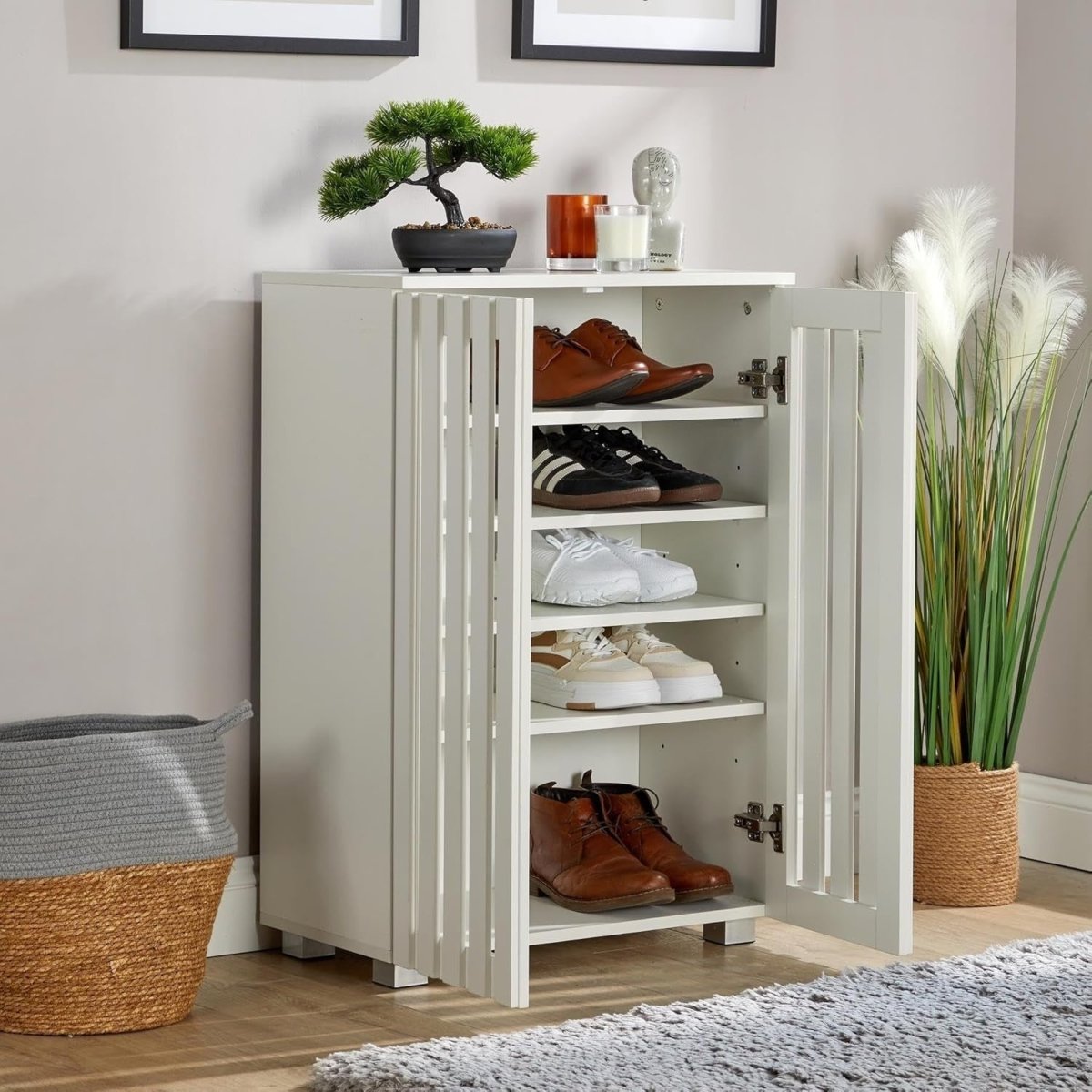 Space - Saving 2 Door White Wooden Shoe Storage Cabinet with 4 Shelves - Kwikley
