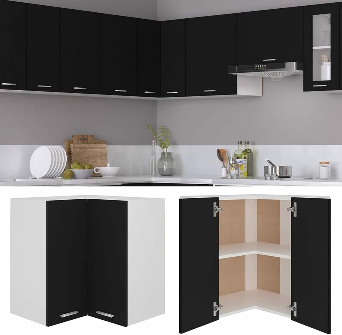 Space - Saving Lockable Corner Wall Cabinet with Double Doors & Shelves Black - Kwikley