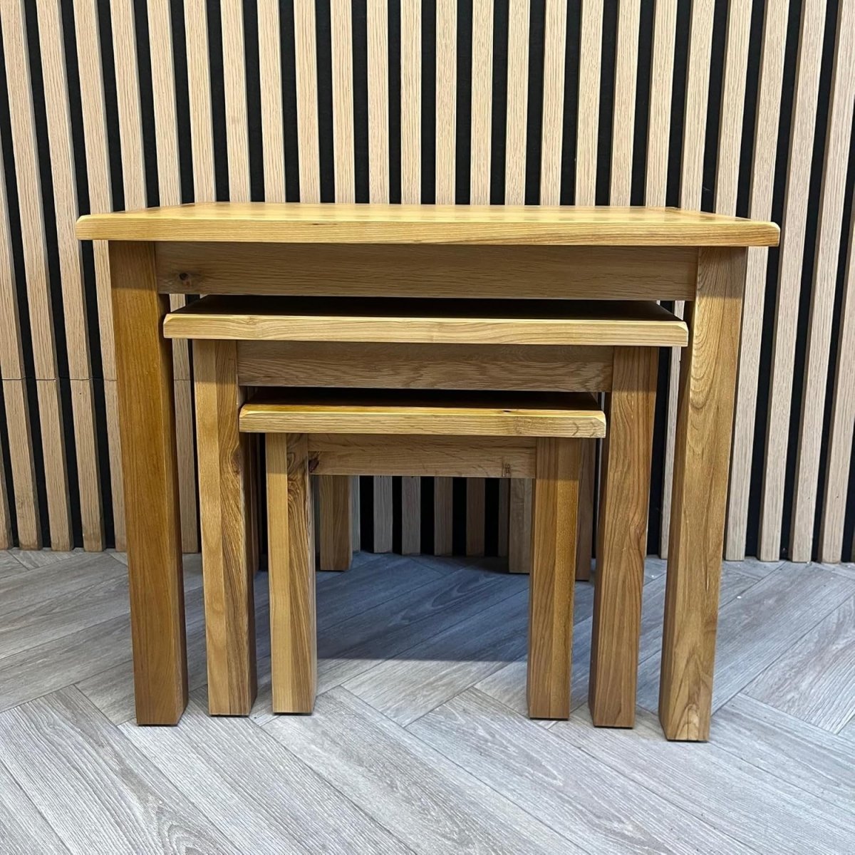 Space - Saving Nest of Tables, Medium Oak Wood Stacking Side Lamp End Table Set - Kwikley