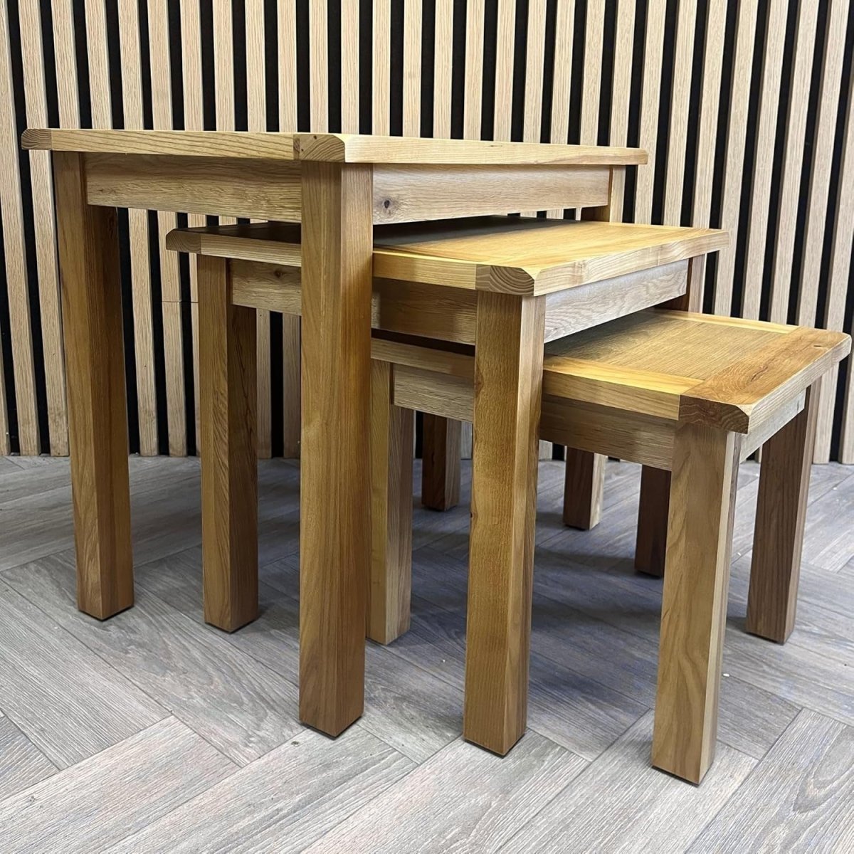 Space - Saving Nest of Tables, Medium Oak Wood Stacking Side Lamp End Table Set - Kwikley