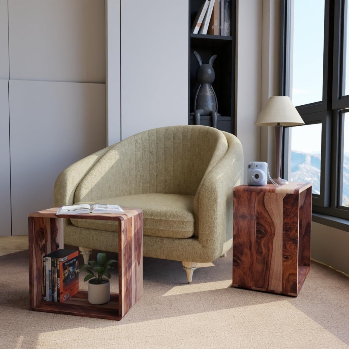 Space Saving Nesting End Tables Solid Wood Sheesham Natural Side Coffee Set - Kwikley