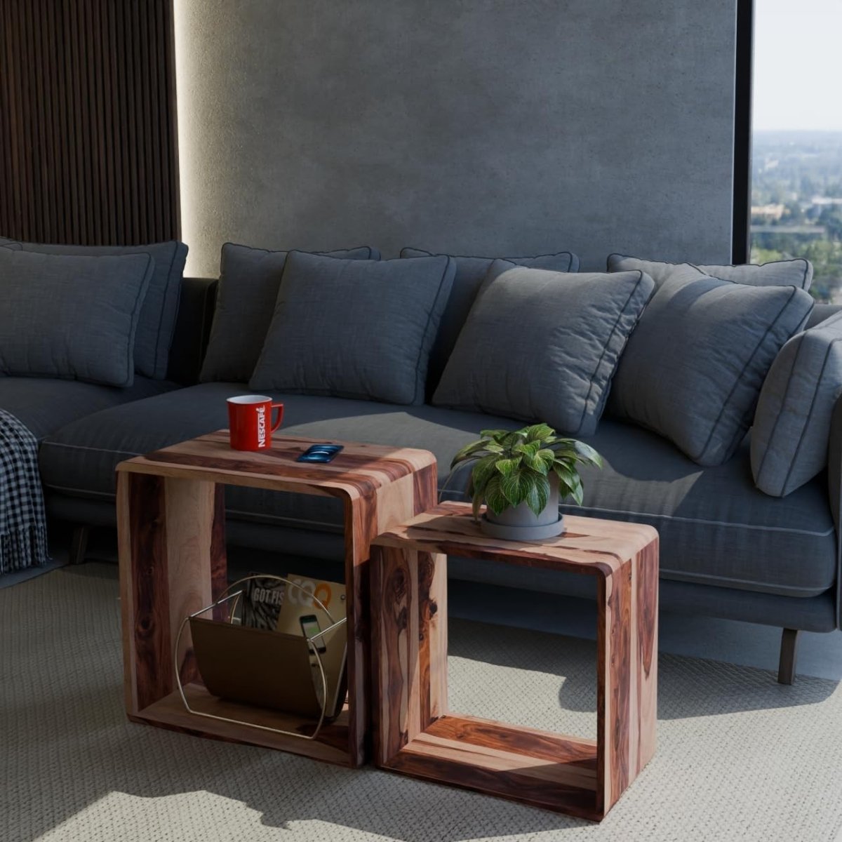 Space Saving Nesting End Tables Solid Wood Sheesham Natural Side Coffee Set - Kwikley
