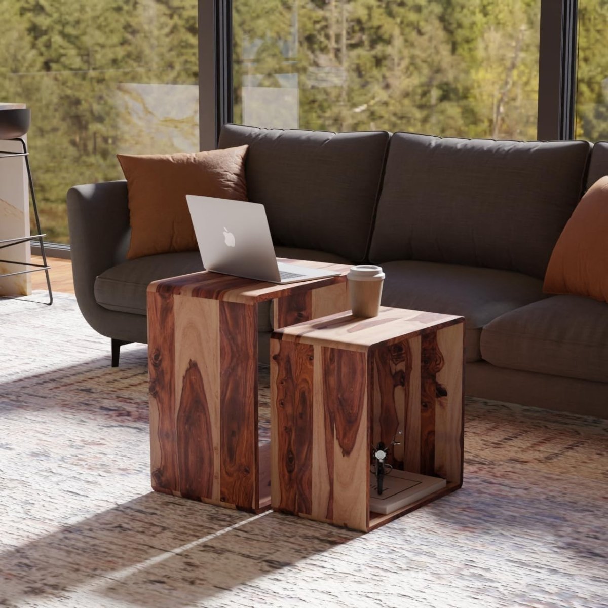 Space Saving Nesting End Tables Solid Wood Sheesham Natural Side Coffee Set - Kwikley