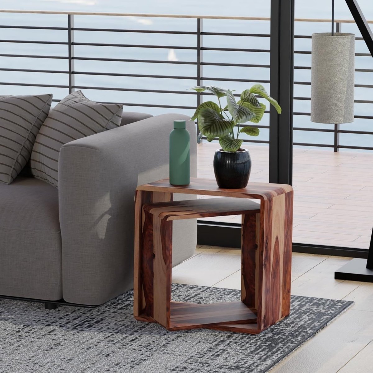 Space Saving Nesting End Tables Solid Wood Sheesham Natural Side Coffee Set - Kwikley
