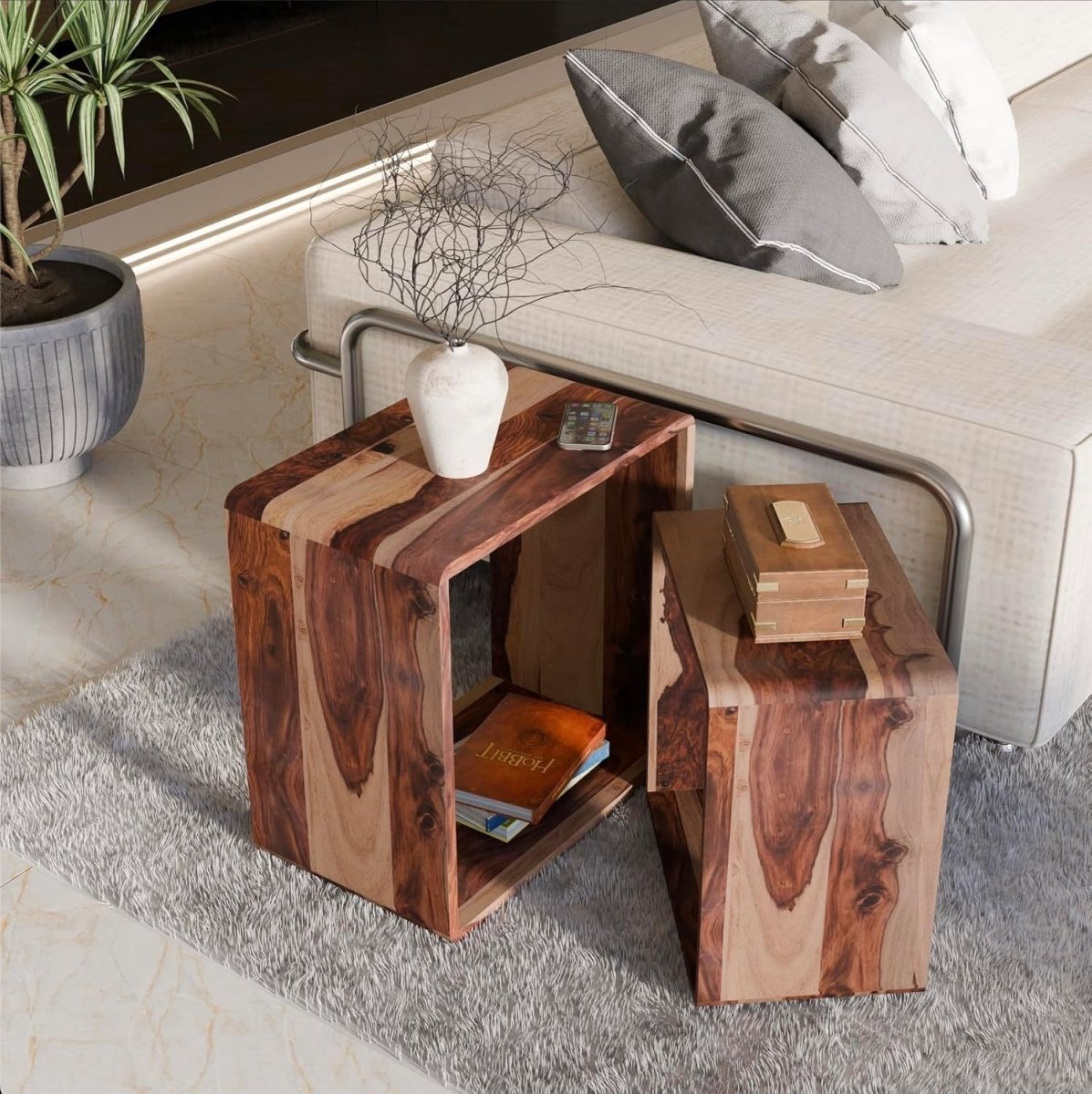 Space Saving Nesting End Tables Solid Wood Sheesham Natural Side Coffee Set - Kwikley