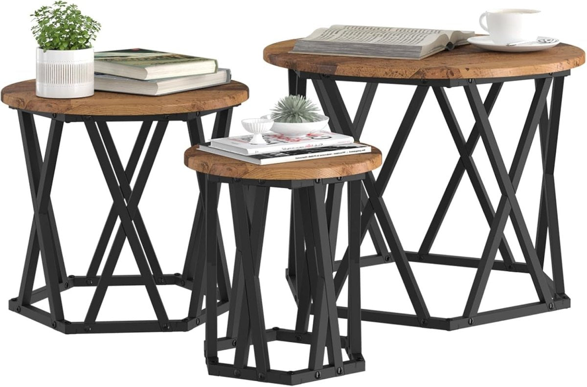 Space Saving Nesting Side Tables Set of 3 Round Brown Rustic Reclaimed Wood - Kwikley