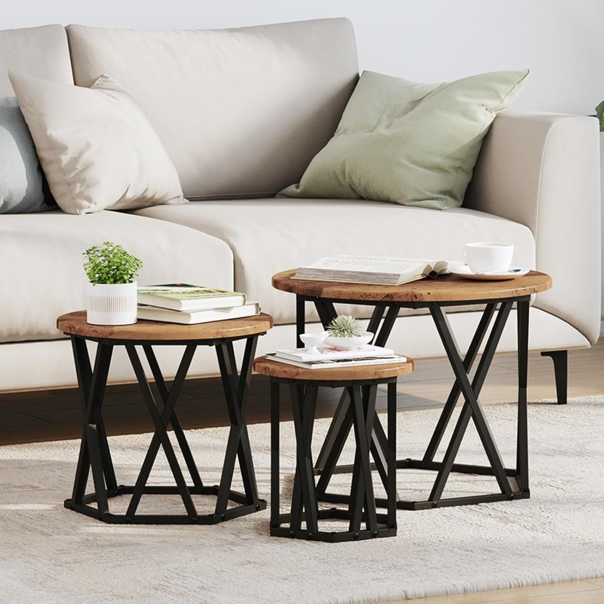 Space Saving Nesting Side Tables Set of 3 Round Brown Rustic Reclaimed Wood - Kwikley