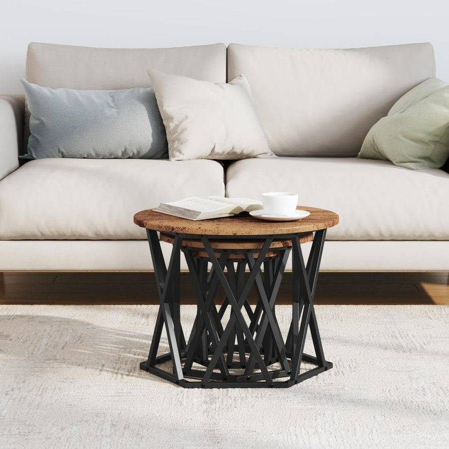 Space Saving Nesting Side Tables Set of 3 Round Brown Rustic Reclaimed Wood - Kwikley