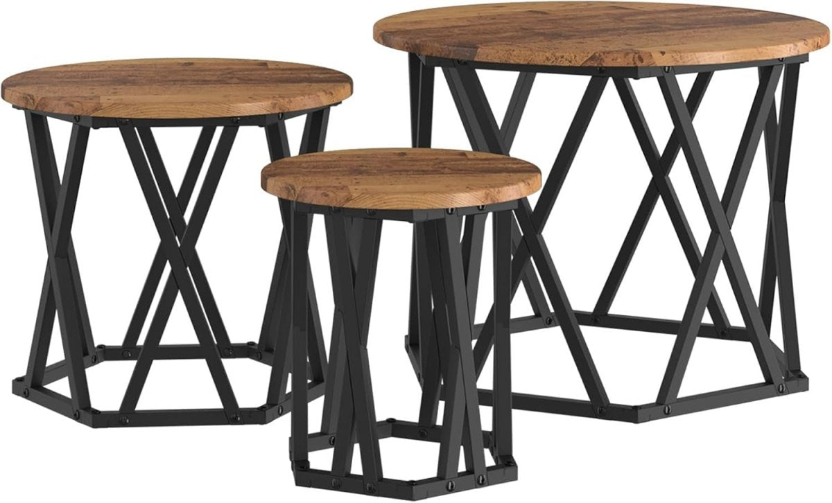 Space Saving Nesting Side Tables Set of 3 Round Brown Rustic Reclaimed Wood - Kwikley