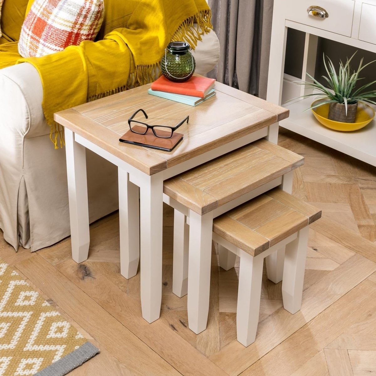 Space Saving Nesting Tables Solid Oak Wood Cream Side End Coffee Set - Kwikley