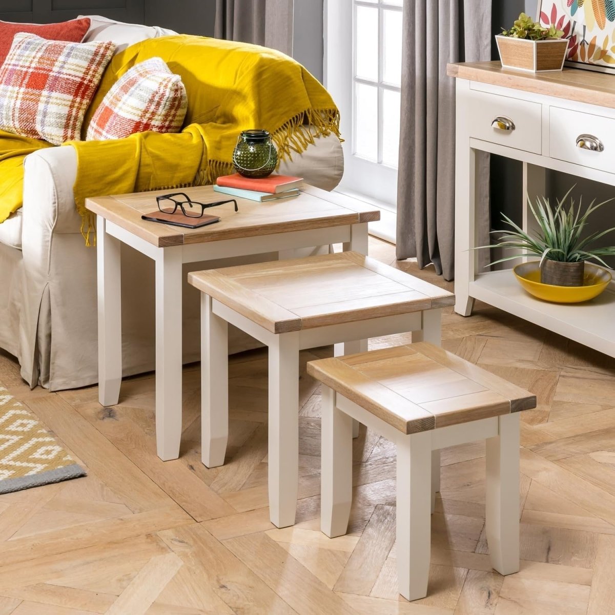 Space Saving Nesting Tables Solid Oak Wood Cream Side End Coffee Set - Kwikley