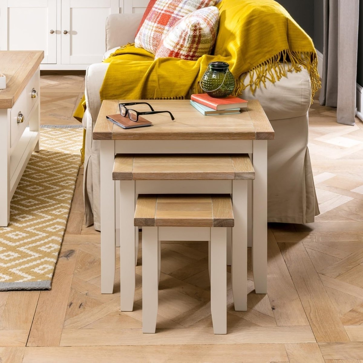 Space Saving Nesting Tables Solid Oak Wood Cream Side End Coffee Set - Kwikley