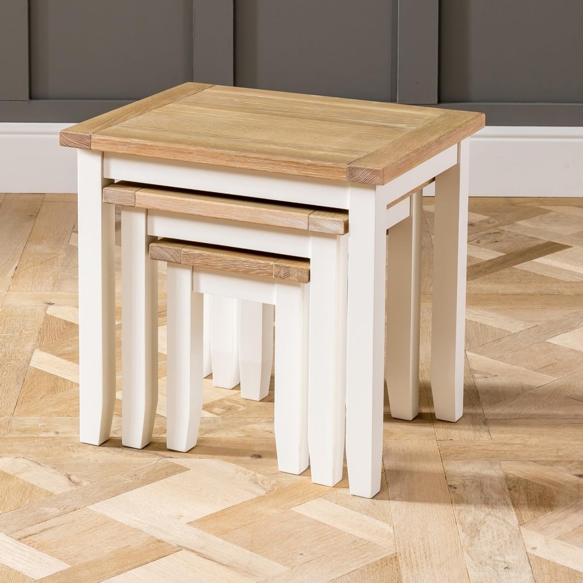 Space Saving Nesting Tables Solid Oak Wood Cream Side End Coffee Set - Kwikley