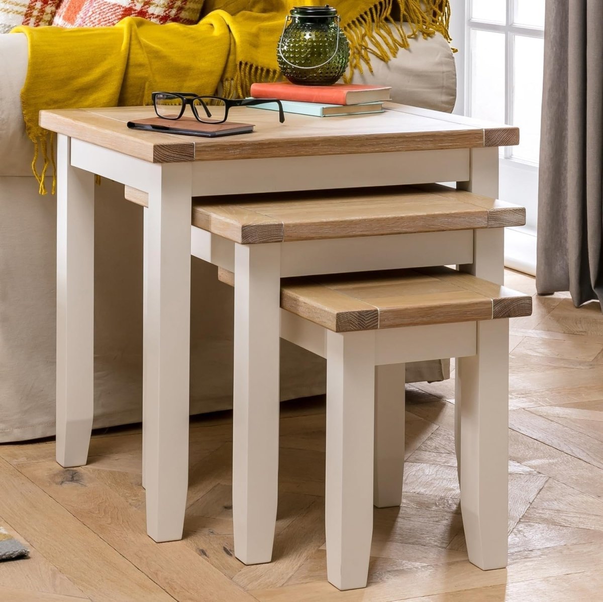 Space Saving Nesting Tables Solid Oak Wood Cream Side End Coffee Set - Kwikley