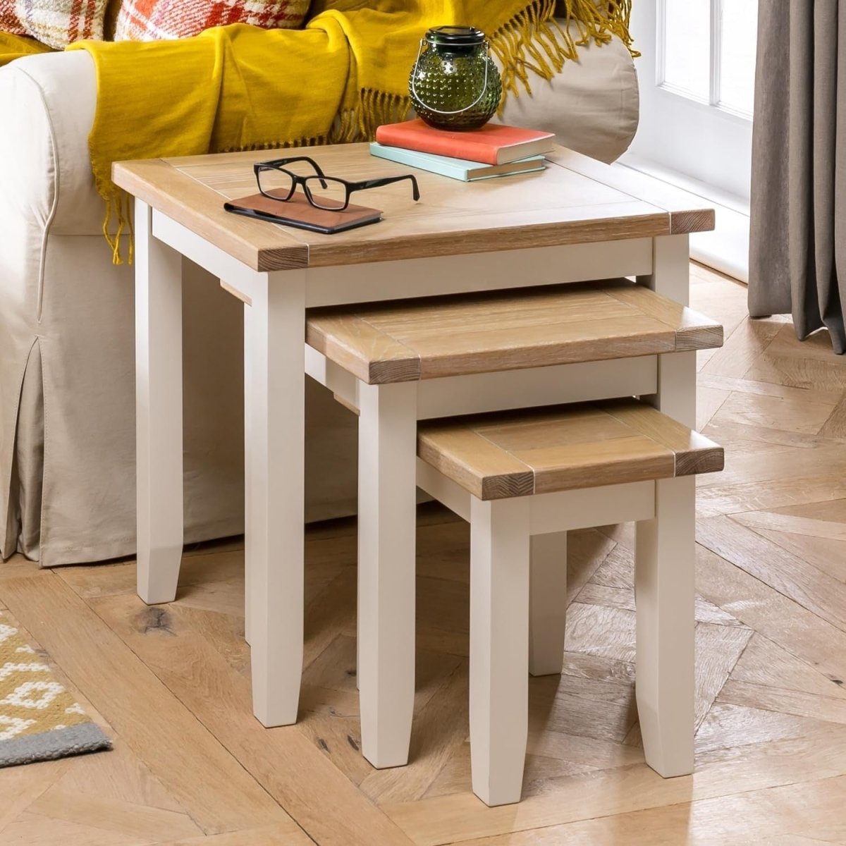 Space Saving Nesting Tables Solid Oak Wood Cream Side End Coffee Set - Kwikley