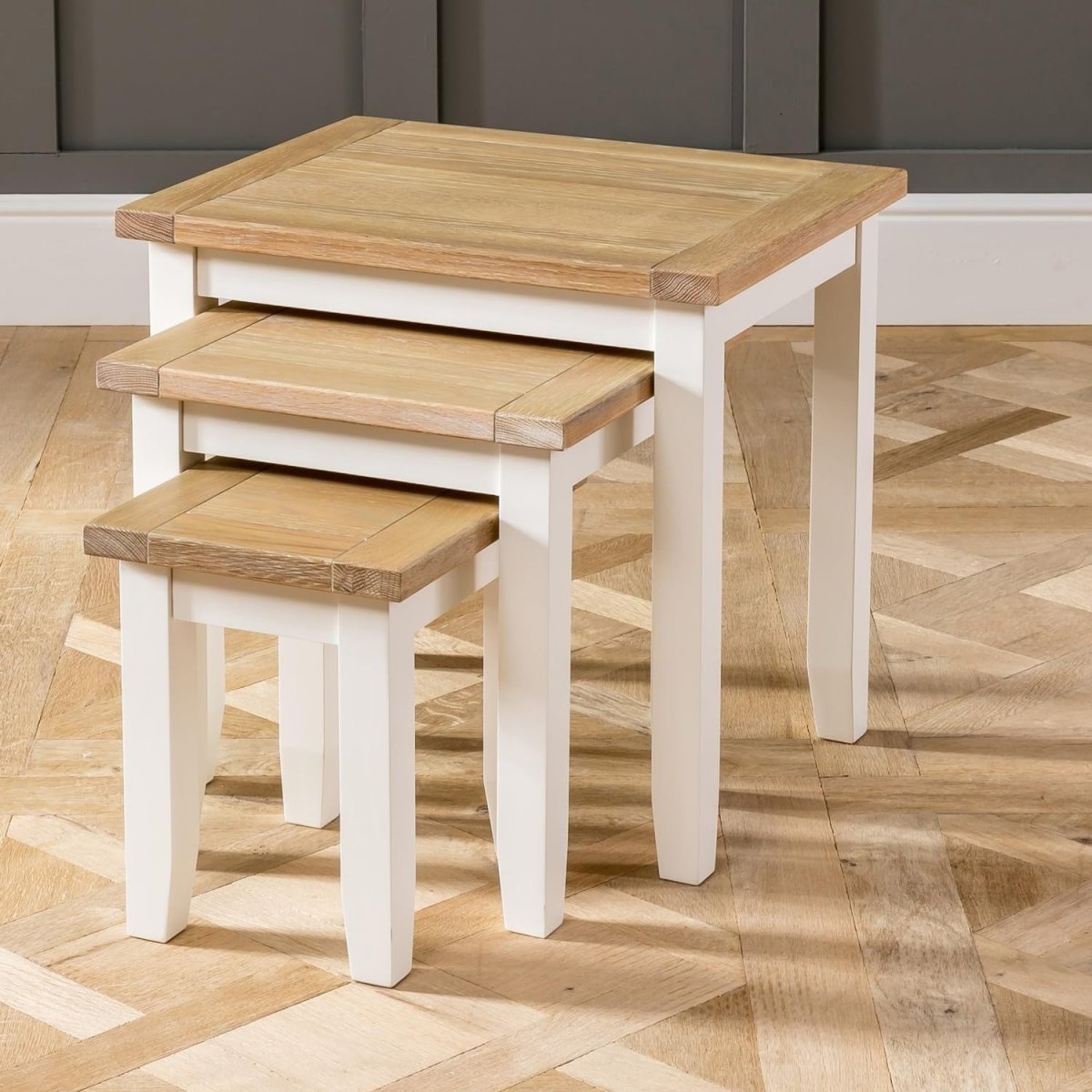 Space Saving Nesting Tables Solid Oak Wood Cream Side End Coffee Set - Kwikley