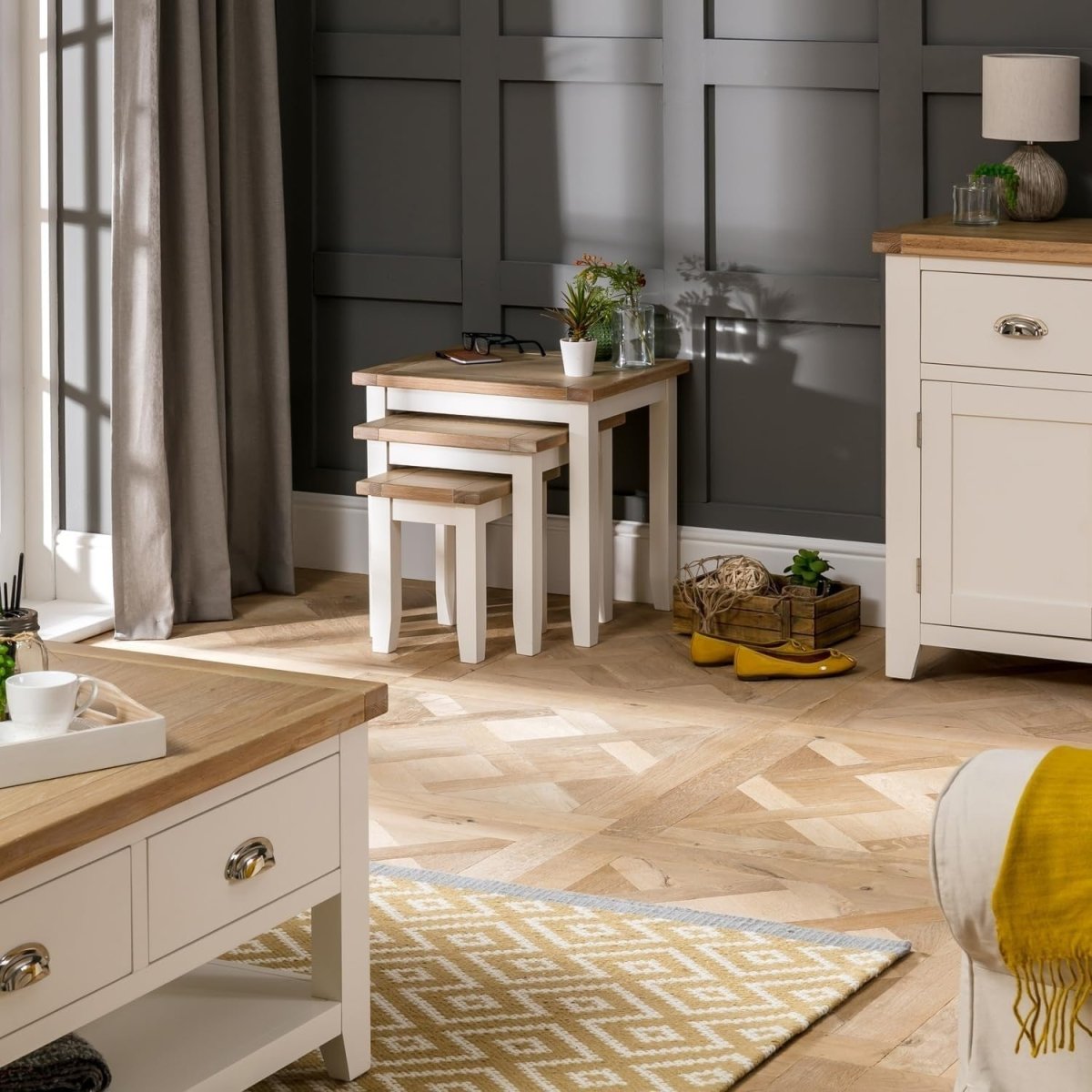 Space Saving Nesting Tables Solid Oak Wood Cream Side End Coffee Set - Kwikley