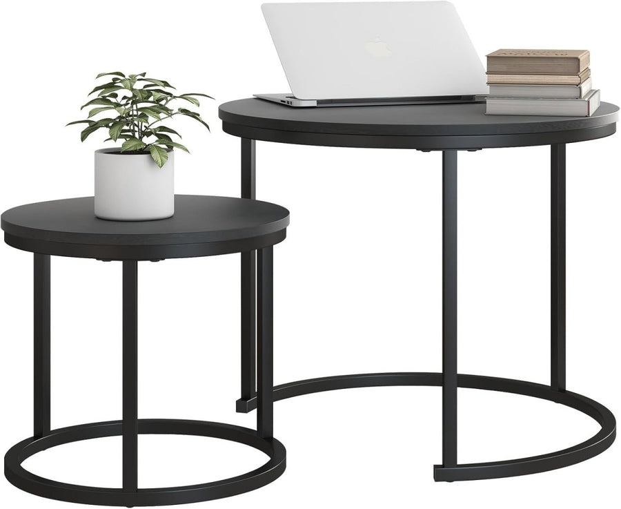 Space - Saving Round Nesting Coffee Tables Set of 2 End Side Sofa Accent Table Bla - Kwikley