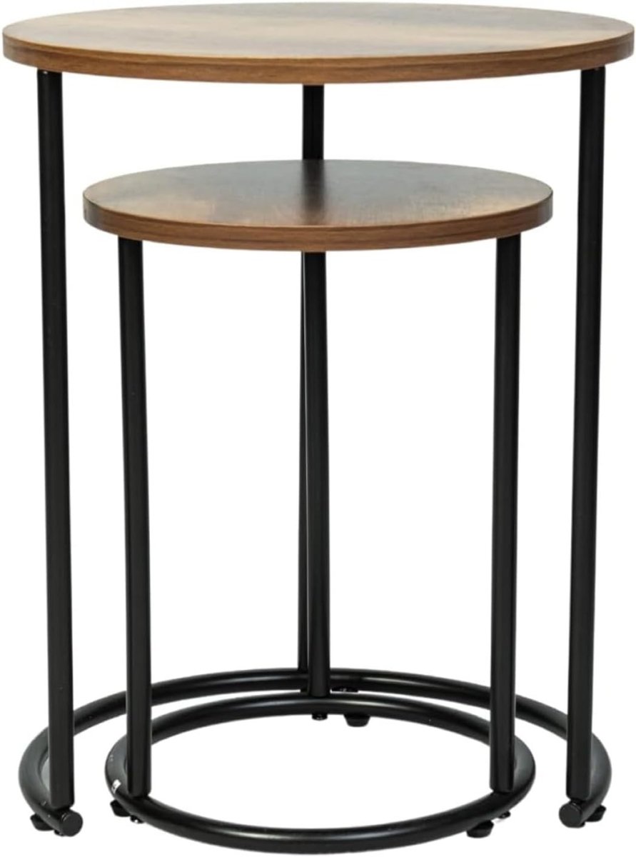 Space Saving Rustic Brown Nesting Coffee Table Set 2 Round Wood Metal Frame - Kwikley