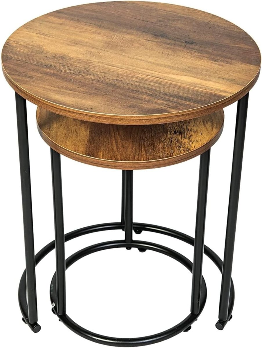 Space Saving Rustic Brown Nesting Coffee Table Set 2 Round Wood Metal Frame - Kwikley