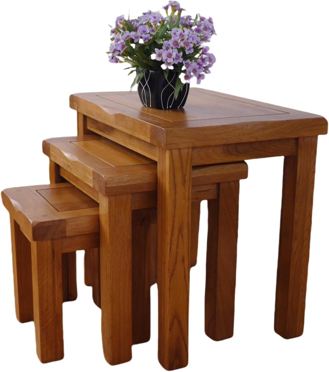 Space Saving Solid Oak Wood Nesting Tables Set 3 Side End Coffee Living Room - Kwikley