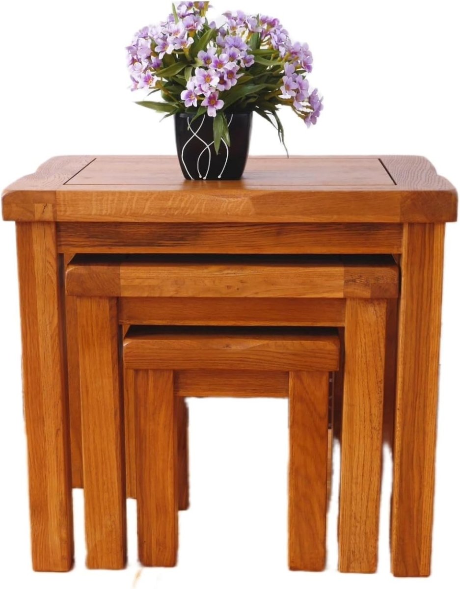 Space Saving Solid Oak Wood Nesting Tables Set 3 Side End Coffee Living Room - Kwikley