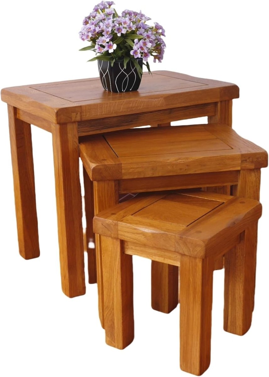Space Saving Solid Oak Wood Nesting Tables Set 3 Side End Coffee Living Room - Kwikley