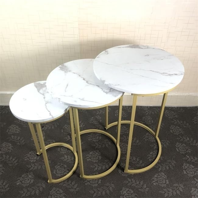 Space Saving White Round Nesting Coffee Side End Table Set Adjustable Feet - Kwikley