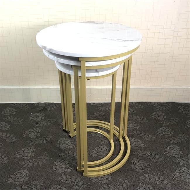 Space Saving White Round Nesting Coffee Side End Table Set Adjustable Feet - Kwikley